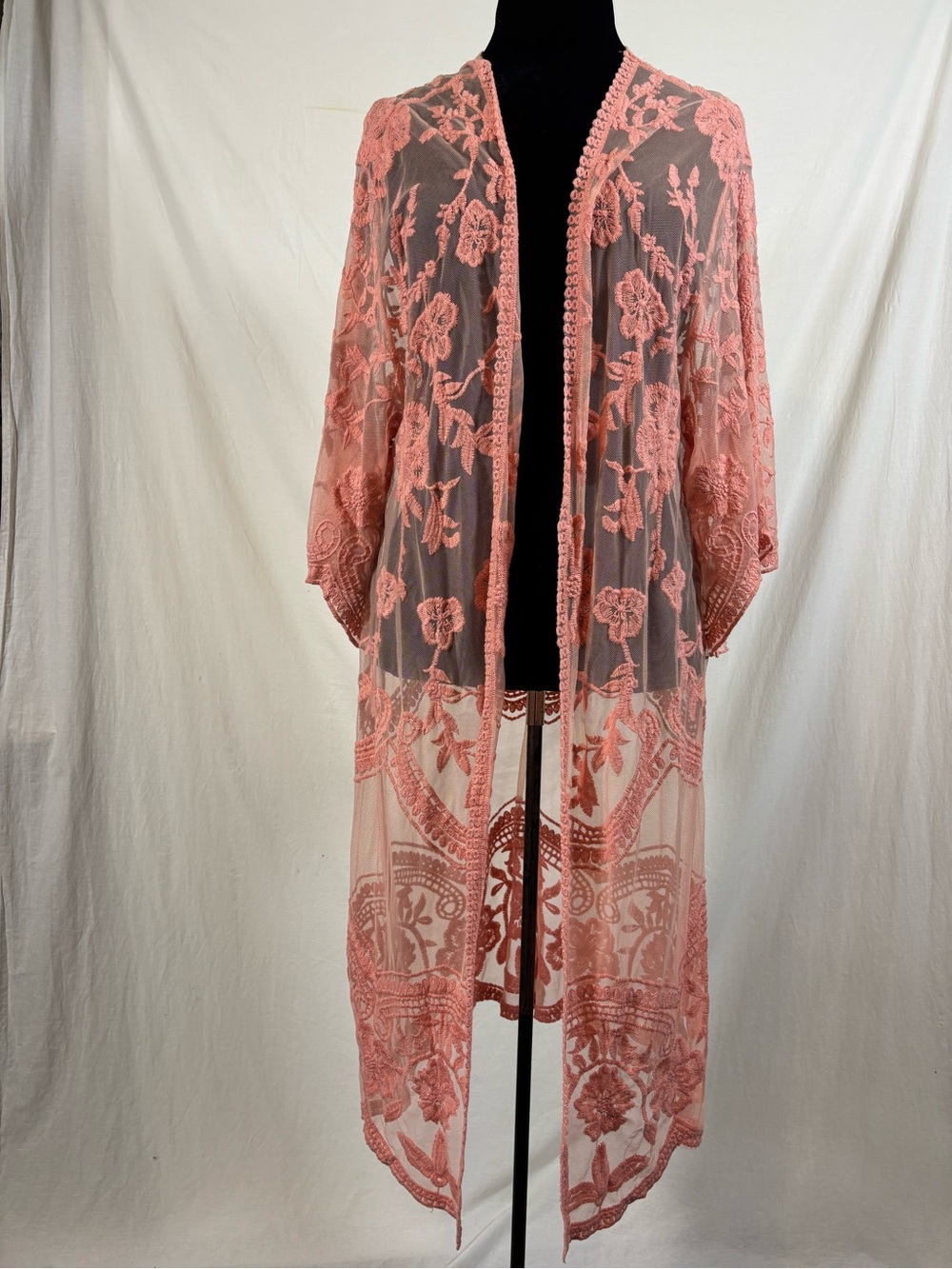 She + Sky S/M Coral Pink Floral Embroidered Mesh Duster Kimono Boho Fairycore